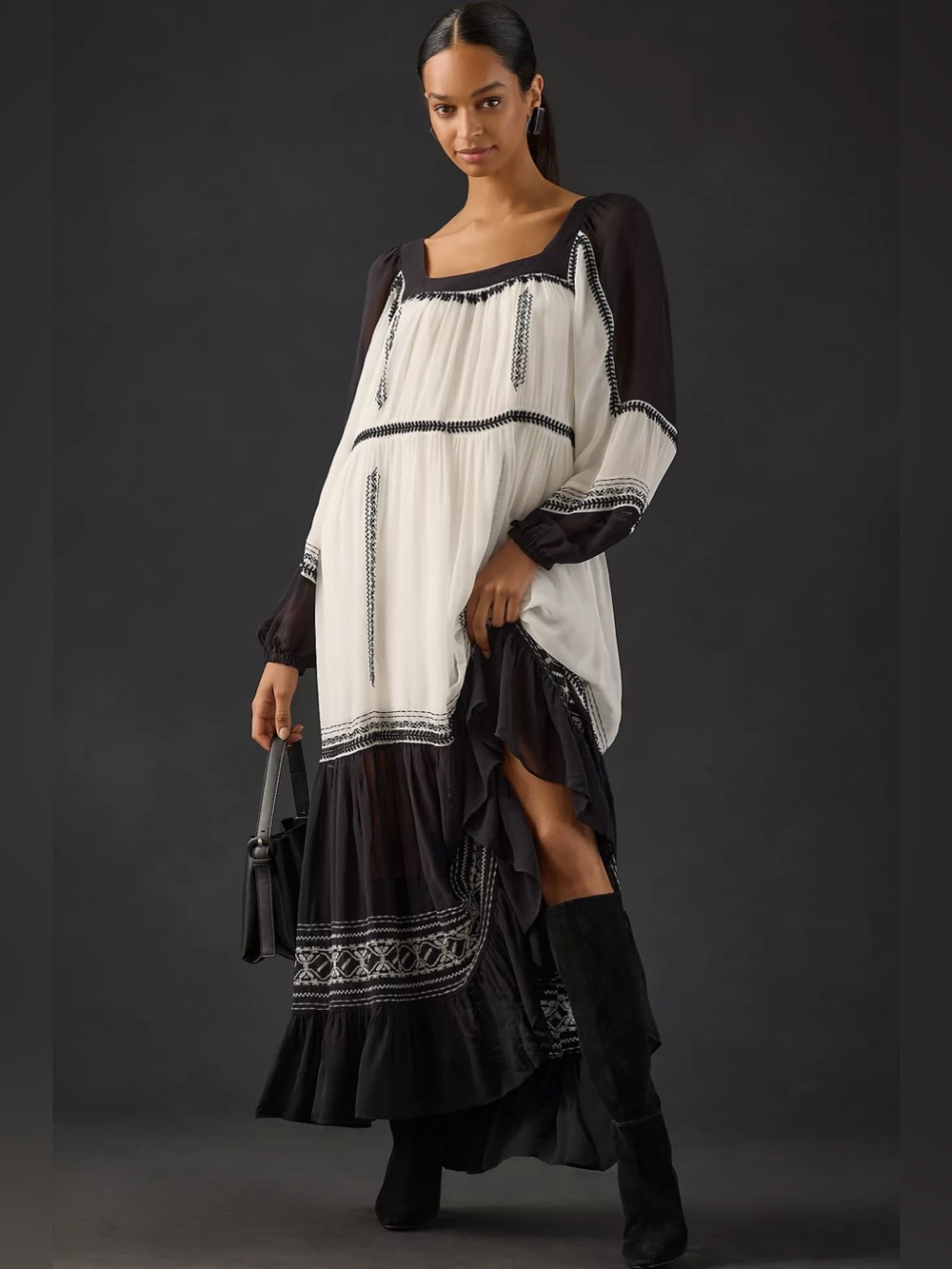 Anthropologie Embroidered Sheer Maxi Dress Small Black White Boho EUC